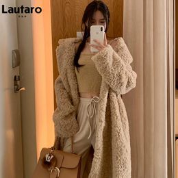 Women's Fur Faux Fur Lautaro Winter Long Oversized Shaggy Fuzzy Warm Thick Fluffy Faux Fur Coat Women Sashes Lapel Stylish Luxury Korean Fashion 231006