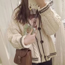 Women's Knits Tees Beige Star Cute College Single Breasted Sweater Women Autumn Korean Woman Sweaters Contrast Color V-neck Knitted Cardigan 231006