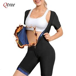 Waist Tummy Shaper Qtree 3 in 1 Full Body Sauna Suit Sweat Vest Women Trainer Zipper Slimming Workout with Sleeve Shorts 231006