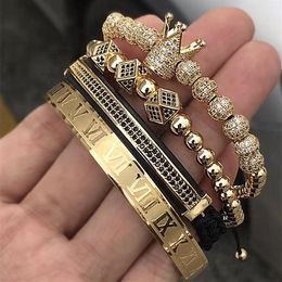 Classical Handmade Braiding Bracelet Gold Hip Hop Men Pave Cz Zircon Crown Roman Numeral Bracelet Luxury Jewelry J190719288h