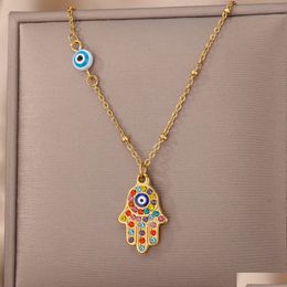 Pendant Necklaces Zircon Blue Evil Eye Necklace Turkish Fatima Hand Chain Choker Collar Palm For Women Jewellery Drop Delivery Pendants Dhplg