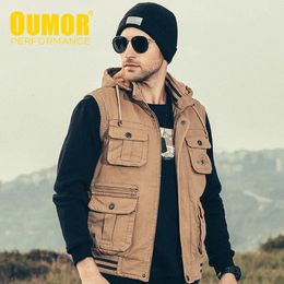 Men s Vests Oumor Men Outdoor Autumn Cotton Cargo Tactical Jacket Outerwear Fish Multi Pocket Sleeve Coat 8XL 231005