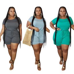 Plus Size Summer Women Sport Playsuit Short Sleeve O-neck Playsuits Short Jumpsuit Romper Overalls Solid Colour Outfits Clothing1314C