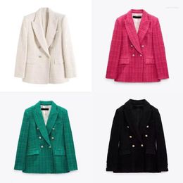 Women's Suits QLk2 2023 European And American Style Texture Double-breasted Mid-length Suit Jacket