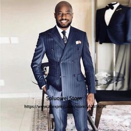 Men's Suits Navy Blue Stripe For Men Double Breasted 2 Piece Jacket Pants Set Groom Wedding Peaked Lapel Tuxedo Formal Business Blazer