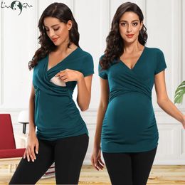 Maternity Tops Tees Womens Maternity Clothes Breastfeeding Clothing Short Sleeve Pregnant Clothes Pleated Side Open Pregnancy T-Shirt Top 231006