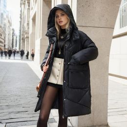Women's Trench Coats 2023 Simple Long Over-the-knee Detachable Cap Cotton-padded Jacket