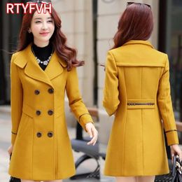 Women's Wool Blends Autumn Winter Women Woolen Coat Slim Windbreaker Coats Female Fashion Yellow Wool Blends Jackets Female Outerwear Mujer Coat 231006