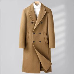 Men's Wool Blends Autumn and Winter Coat Men's Knee Length Double Breasted Oblique Pocket Business Casual Coat 231005