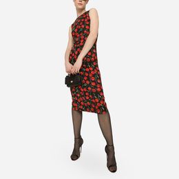 Womens dress European fashion brand sleeveless gathered waist black cherry printed silk sundress