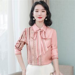 Classic Lapel Ribbon Bow Casual Shirt Long Sleeve Office Ladies Vintage Silk Satin Red Blouses 2023 Autumn Winter Fashion Graphic Button Up Shirts Cute Runway Top