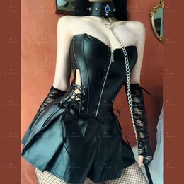 Zip Up Women Corsets & Bustiers Sexy Dress Bustier Lingerie Faux Leather Corset Top with Mini Skirt 82091744