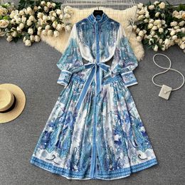 European and American style palace retro style lantern sleeve printed dress with high-end design sense lace up single breasted large swing skirt