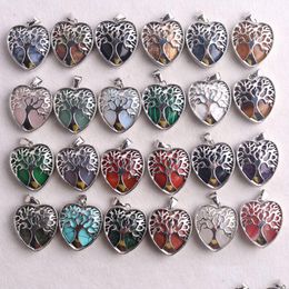 Charms 30X25Mm Tree Of Life Alloy Natural Stone Heart Pendant Energy Rose Quartz Opal For Girls Women Gift Necklace Jewelry Dhgarden Dhnxs