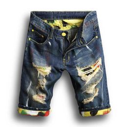 Men's Short Jeans Denim Causual Fashional Distressed Shorts Skate Board Jogger Ankle Ripped Wave332F