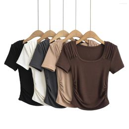 Women's T Shirts Women Sexy Top Summer Slim Pleated Short Sleeve Square Collar Solid Bottoming T-shirt