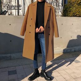 Men's Wool Blends FOJAGANTO Autumn Winter Fashion Woollen Blends Coat Men Korean Style Lapel Solid Colour Windbreaker Thick British Casual Coat Male 231006