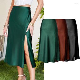 Skirts 2023 Women Split Summer Fashion Soft Satin Skirt Women's High Waist A-line Sexy Female