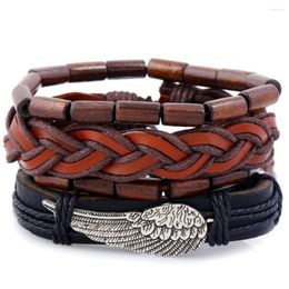 Charm Bracelets 4pcs/set Hippie Punk Brown Leather Wing Alloy Tube Wood Bead Layers Stackable Wrap Bracelet Bangles Unisex Jewelry