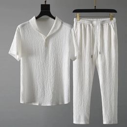 Men's Tracksuits Men's Casual Two Piece Sets Summer Men Fashion Classic Shirt Solid Colour Homewear Drawstring Pants Set Men Clothing Suit 231006