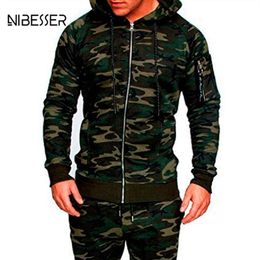 NIBESSER Male Camouflage Jacket Suit 2Pc Muscle Men Workout Track Suit Mens Tracksuit Top Pants Set Hoodie Trouser317n