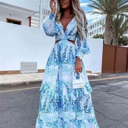 Beach Long Dress Sexy Hollow Out Boho Deep V Neck Summer Women's Dress Print Ruffle Party Long Sleeve Maxi Dresses Designer 2274K