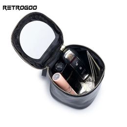 Cosmetic Bags Cases RETROGOO Ladies Cosmetic Bag With Makeup Mirror Genuine Leather Women Lipstick Bag Small Cosmetic Case For Girls Mini Coin Purse 231006