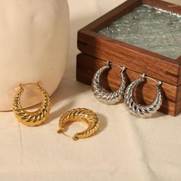 Hoop Earrings Textured Diagonal Thread Trendy Luxury Round Stainless Steel 18K Plated Gold Accessories Waterproof