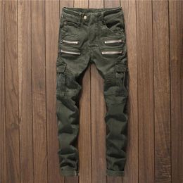 Men Multi Zippers Denim Jeans Straight Slim Male Jeans Pants Fashion Full Length Casual Punk Style Men Ripped Army Green265l