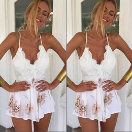 Fashion-2017 Women Dress Backless Ladies Club Wear Bodycon Party Romper Bodysuit Lace Patchwork Floral Print White Sling Mini Vest245D