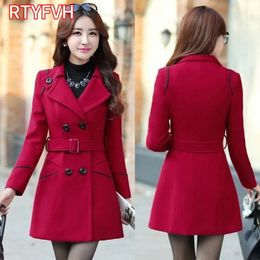 Women's Wool Blends Spring Autumn Trench Coats Women Slim Double Breasted Ladies Overcoat Long Female Windbreakers Red Navy Camel Outerwear 231006