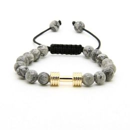 Sport Energy Bracelets Whole 8mm Grey Jasper Stone Beads With New Barbell Fitness Dumbbell Macrame Bracelets for Men209g