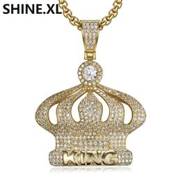 18K Gold Plated Micro Paved Cubic Zircon Crown Pendant Necklace Men Hip Hop Bling Jewellery Gift220c