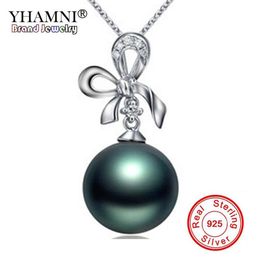 YHAMNI Real Natural Freshwater Black Pearl Pendant Necklace 925 Sterling Silver Butterfl Necklace Wedding Jewellery for Women NG06312N