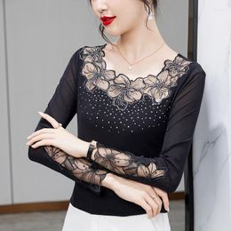 Women's T Shirts Autumn 2023 Long Sleeved Fashion Sexy Hollow Out Drilling Mesh Lace Tops M-4XL Black Blusas