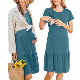 Maternity Dresses Women Nursing Dress Breastfeeding Casual Maternity Dresses Short Sleeve Ruffle Hem Swing Pregnancy Dresses 231006