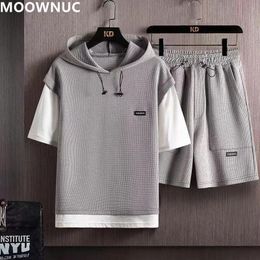 Men's Tracksuits Summer Men's Fashion Waffle Short Sleeve T-shirt Two-Piece Men's Casual Comfort Large Size High-Quality Sports Set 5XL 231006