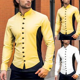 Men's Casual Shirts Henley Collar Colour Matching Long Sleeved Shirt For Men Mens Fashion Comfortable Pocket Work Dress Streetwear Tops