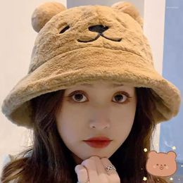 Berets Cute Plush Bear Ears Fur Bucket Hat Fashion Autumn Women Winter Warm Ball Fisherman Soft Thick Wool Basin Hats