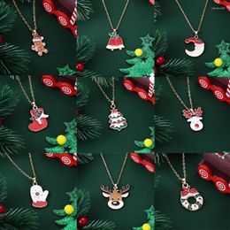 Pendant Necklaces Delicate Drop Oil Craft Christmas Series For Women Girls Gold Plated Santa Reindeer Bell Year Jewellery Gift