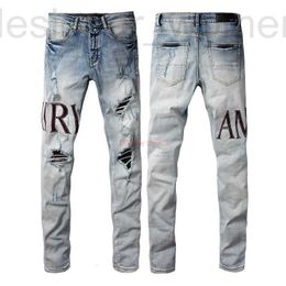 Men's Jeans Designer Clothing Amires Denim Pants Amies New 1301 Fashion High Street Hole Patch Letter Mens Slim Fit Feet Distressed Ripped Skinny P1JP