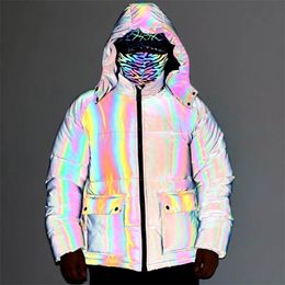 Men s Down Parkas 2024 Winter Rainbow Color Reflective Workwear Cotton Jacket Large Pocket Stitching Hip Hop Hooded 231005