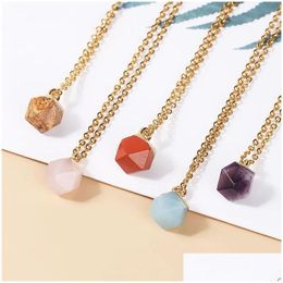 Pendant Necklaces Gold Ered Edged Natural Stone 8Mm Rhombus Rose Quartz Crystal Amethyst Necklace For Women Jewellery Gift Min Dhgarden Dhlzh