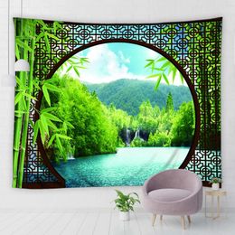 Tapestries Chinese Landscape Tapestry Bamboo Forest Arches Mountain Lake Scenery Print Fabric Wall Hanging Decor For Bedroom Living Room