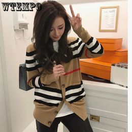 Women's Knits Tees Women's Sweater Women's Jacket Cashmere Cardigan Mid-length Knitted Jacket V-neck Loose Striped Sweater Thin Ladies Trench Coat 231006