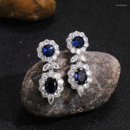 Dangle Earrings Luxury Fashion Embellished Blue White Cubic Zirconia Drop For Women Silver Color Jewelry Banquet Party Gift