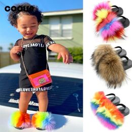 Summer Children Slippers Kids Slides With Strap Fluffy Fox Flip Flops Flat Elastic Baby Furry Sandals Cute Fur Shoes C1002216d