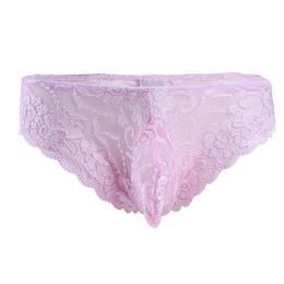 Mens Sissy Lingerie Panties Underwear Lace Floral Bulge Pouch Low Rise See Through Bikini Briefs Gay Erotic Underpants Nightwear276Z