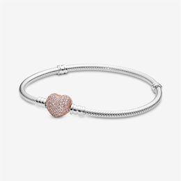 New Moments Pave Heart Clasp Snake Chain Bracelet 100% 925 Sterling Silver Chain Rose Gold Clasp With Clear Stone Fashion Accessor276V