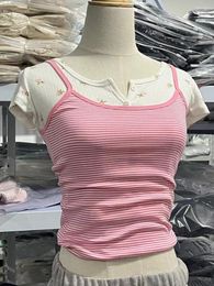 Women's Tanks Casual Women Pink Striped Crop Top Sexy Sleeveless Summer Streetwear Slim Tank Tops Female Vintage Classic Cotton Camis Vest